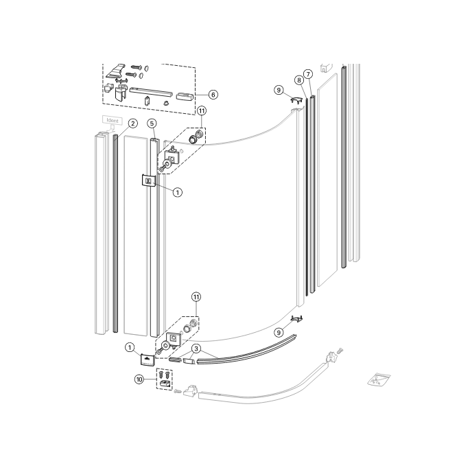 Huppe 1002, 069722 set of drain profiles for 3-part quarter-round corner entry