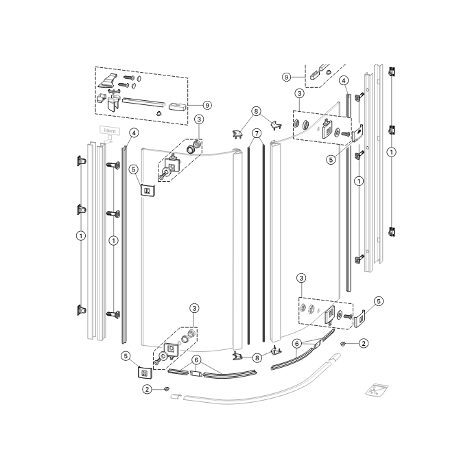 Huppe 1002, 069729 set of drain profiles for 2-part quarter-round corner entry