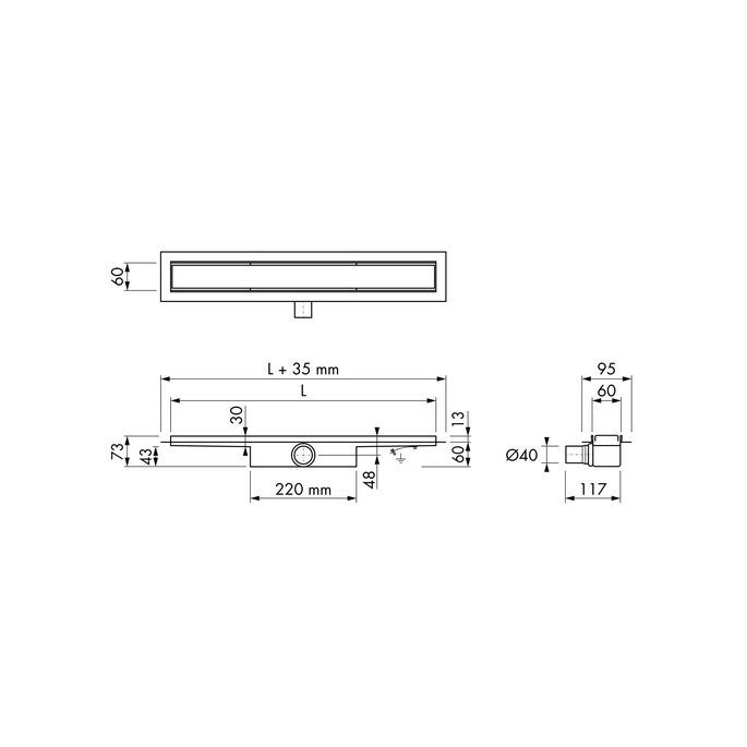 Easy Drain Compact 30 Flange EDCOMPR120030 shower drain with stainless steel flange 120cm side spout