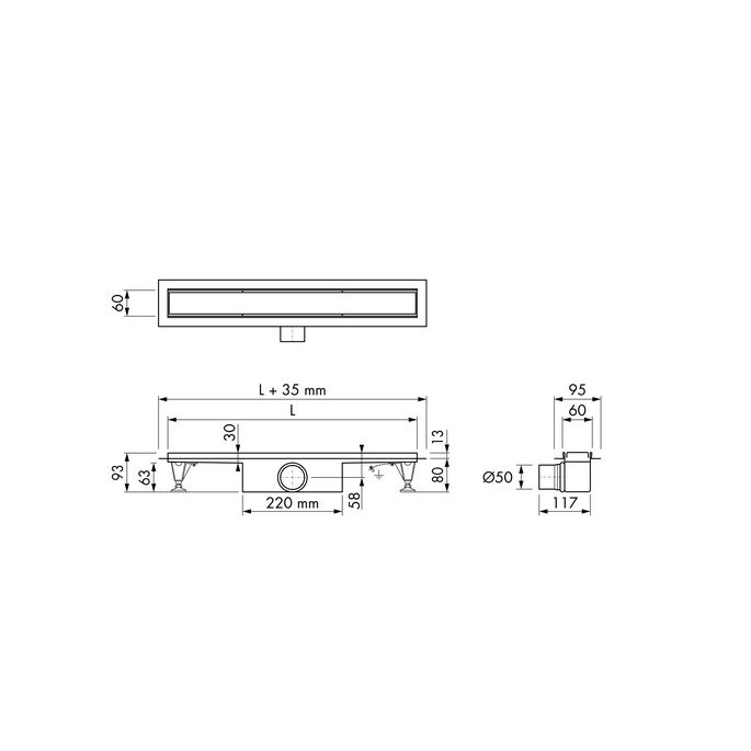 Easy Drain Compact 50 Flansch EDCOMPR50050 Duschablauf mit Edelstahlflansch 50cm Seitenauslauf