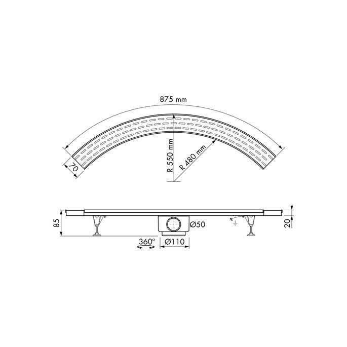 Easy Drain Flex Class Round EDFLCLROUND shower drain radius 55 1/4 circle side outlet