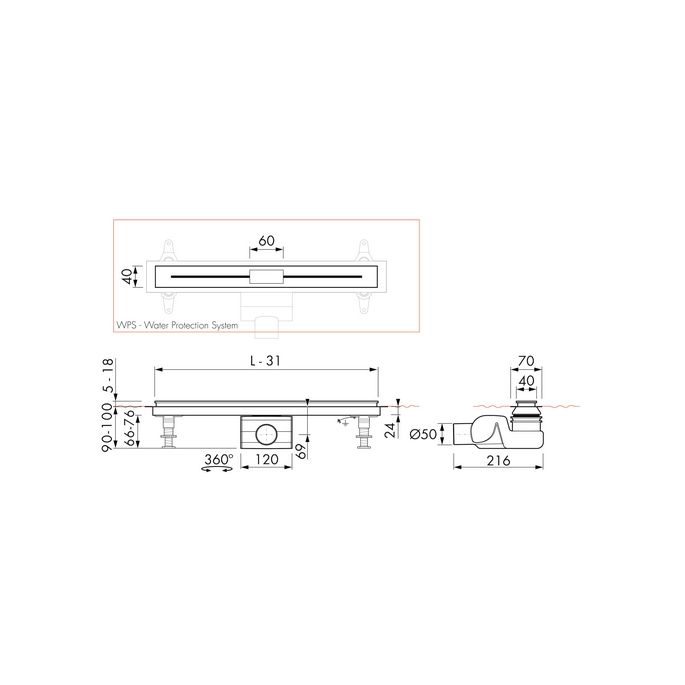 Easy Drain Xs Nano NANOLINE700 shower drain 70cm horizontal outlet