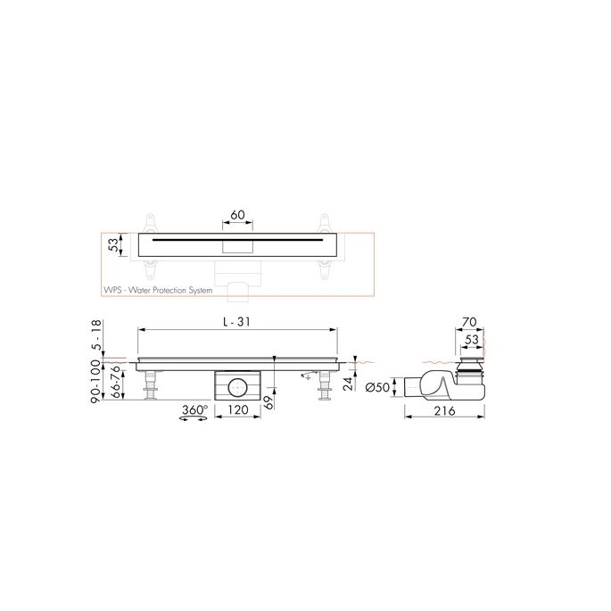 Easy Drain Xs Nano Wall NANOLINEW700 shower drain 70cm horizontal outlet