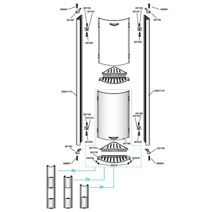 Duscholux Showerbox 950.818030.070 Ablageschrank matt silber, mit 3 Schiebeelementen 2x weiß und 1x grau, 85cm
