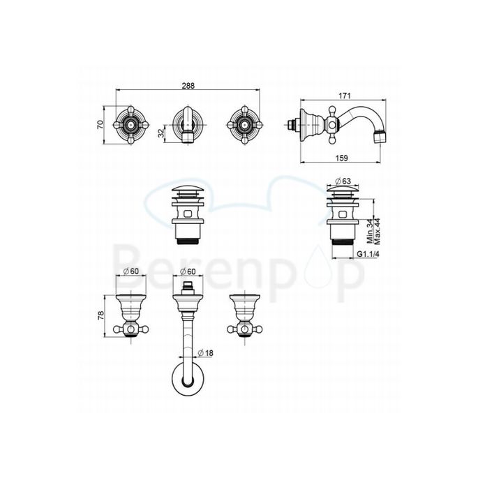Fima Carlo Frattini Elizabeth F50815BR 3-hole wall sink faucet 2-handle spout 16cm bronze