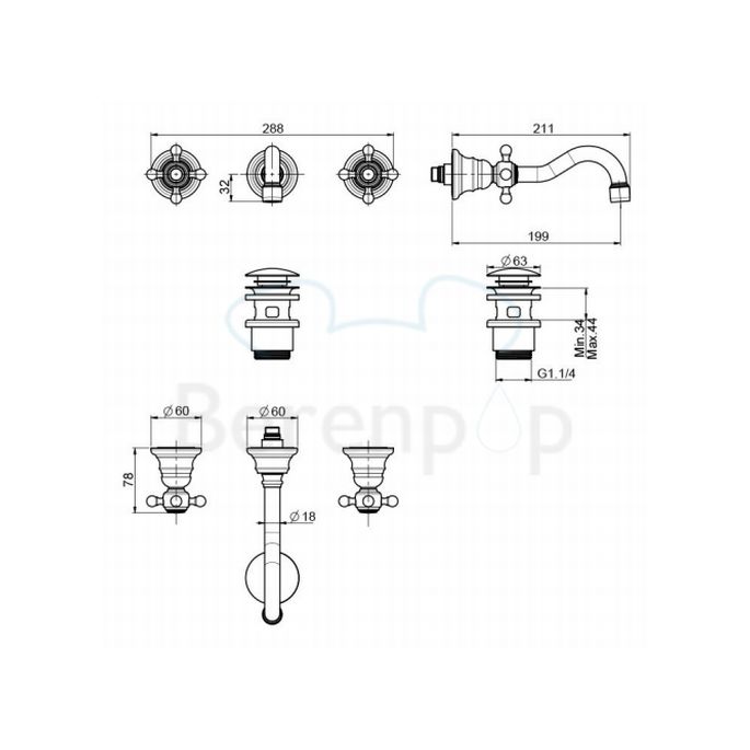 Fima Carlo Frattini Elizabeth F5081L5CR 3-hole wall mounted washbasin tap 2 handle spout 20cm chrome