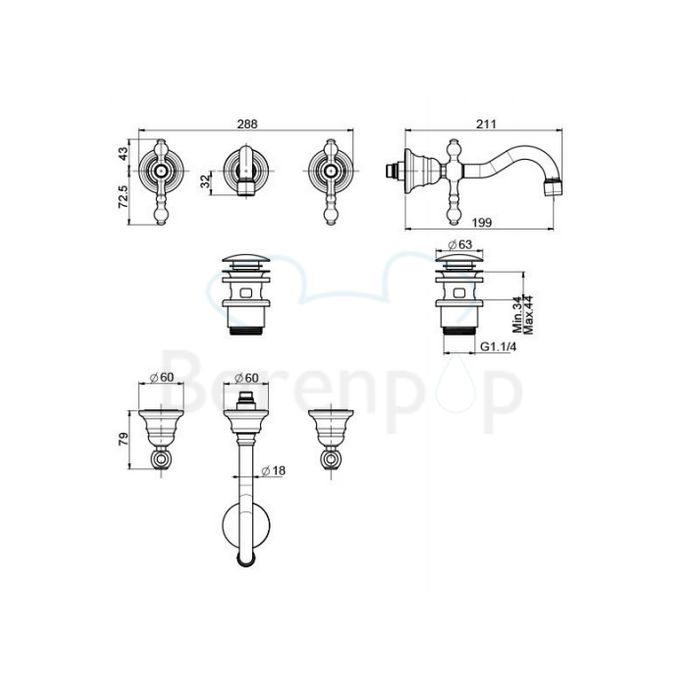 Fima Carlo Frattini Epoque F5051L5CR 3-hole wall mounted basin mixer 2 handle spout 20cm chrome