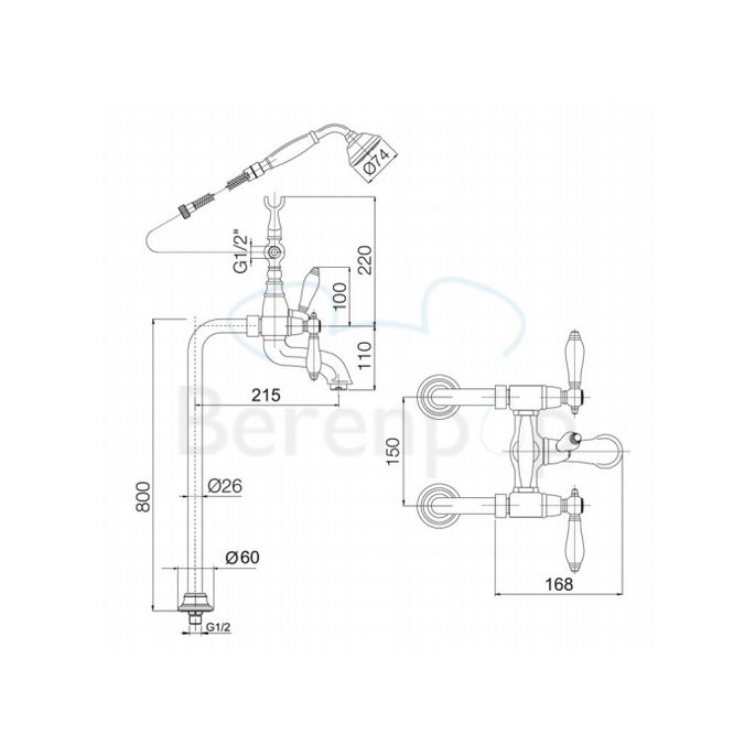 Fima Carlo Frattini Herend F54044CR freistehend Badewannenarmatur 2-Griff mit Garnitur Chrom