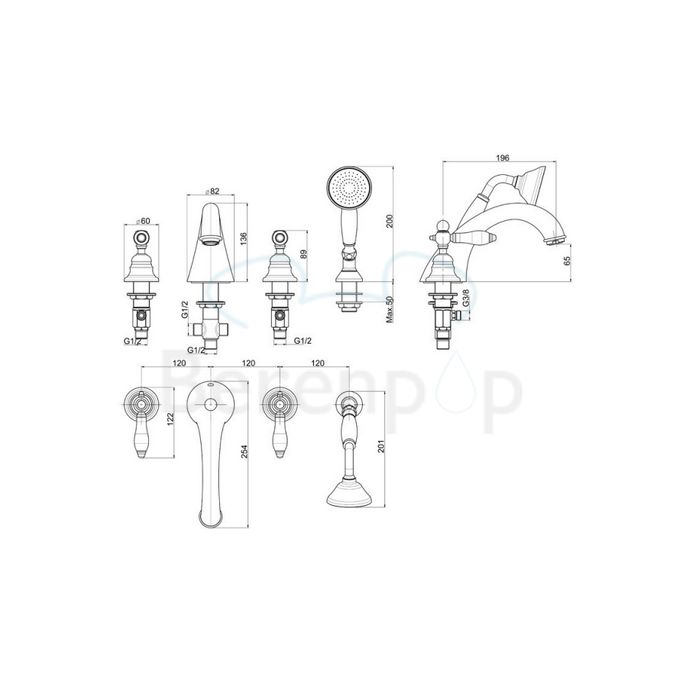 Fima Carlo Frattini Herend F5414BR bath rim faucet 4-hole with collapsible garnish bronze