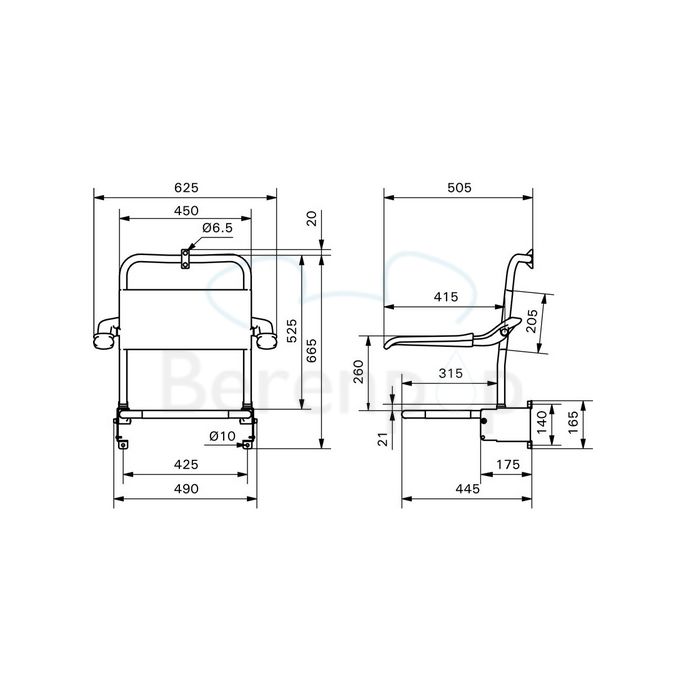 Handicare (Linido) LI2203001402 shower seat (with shortened seat depth) with backrest and armrests stainless steel coated white