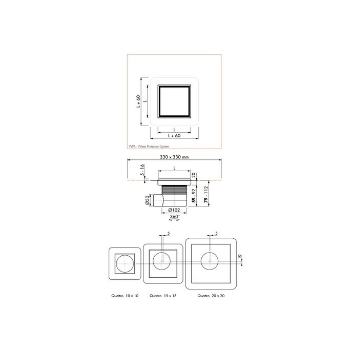 Easy Drain Aqua Jewels Quattro AJQ20X20T shower drain 20x20cm side spout