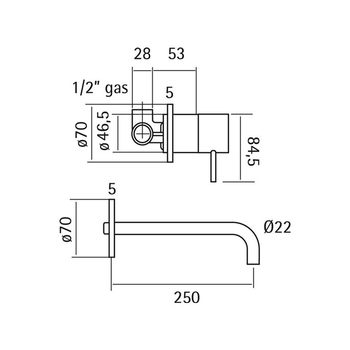 Pure Stainless steel 316 Series RV2511 basin valve 2-hole complete with recessed part 250mm long stainless steel brushed