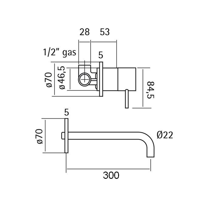 Pure Stainless steel 316 Series RV2512 basin valve 2-hole complete with recessed part 300mm long stainless steel brushed