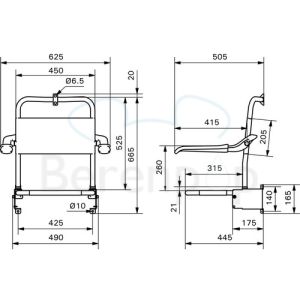 Handicare (Linido) LI2203001402 shower seat (with shortened seat depth) with backrest and armrests stainless steel coated white